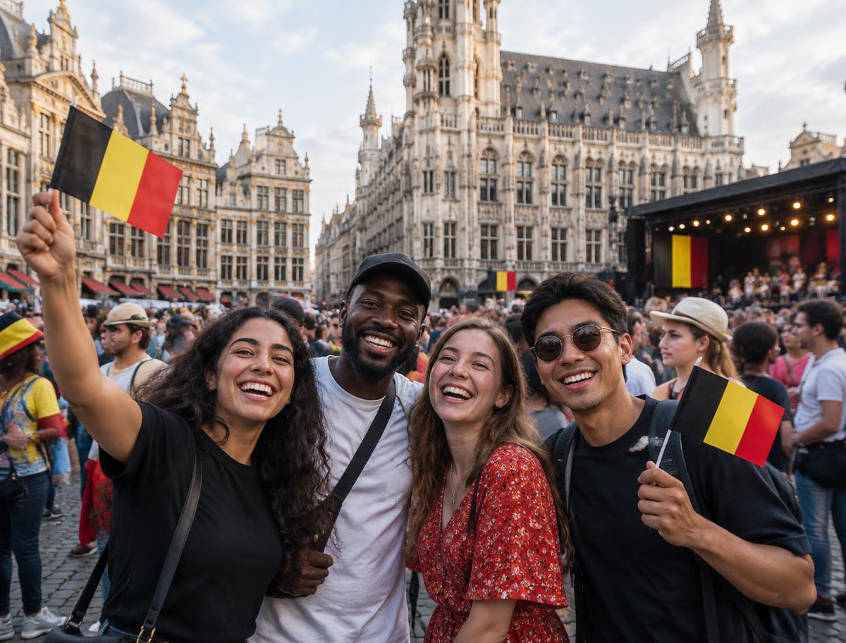 Foule célébrant avec des drapeaux belges